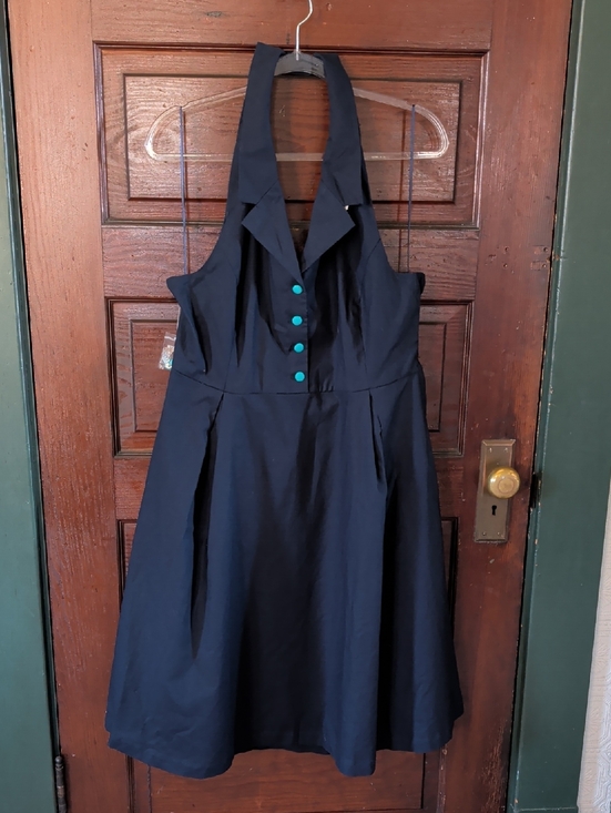 Modcloth Dresses & Skirts - Retro Housewife Navy Swing halter Dress with Teal Buttons and Pockets XL